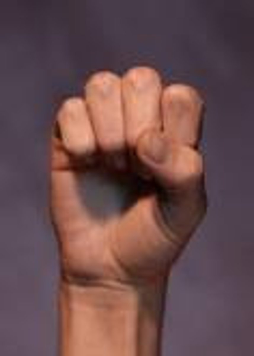 <p>Clenched fist. All fingers folded tightly into palm. Thumb is across index and middle fingers.</p>