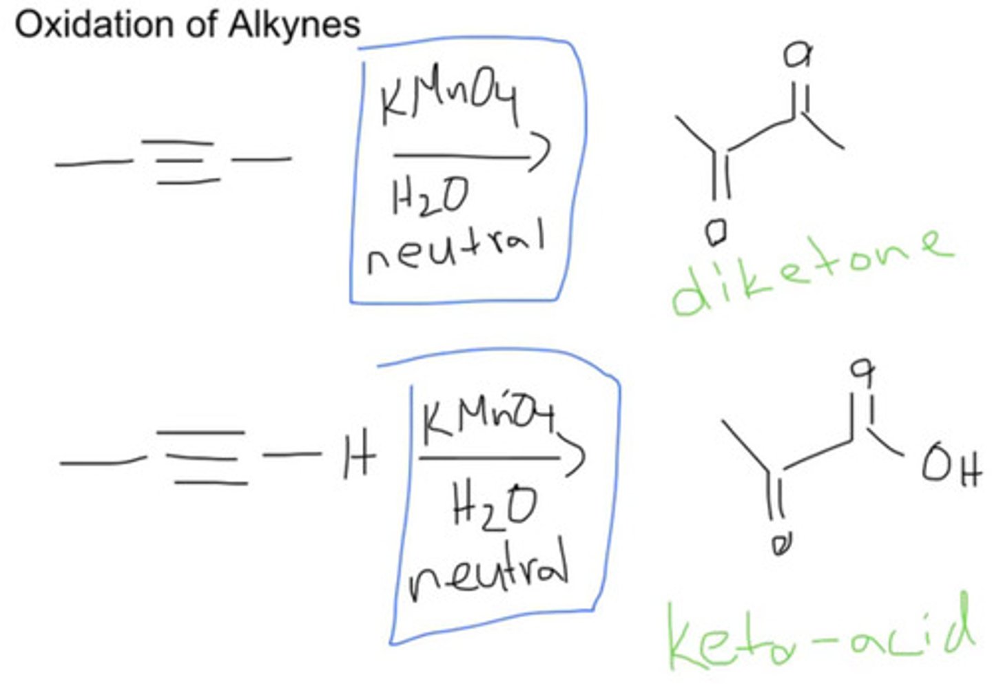 <p>oxidizes triple bonds to form carboxylic acid (O=) at triple bond</p>