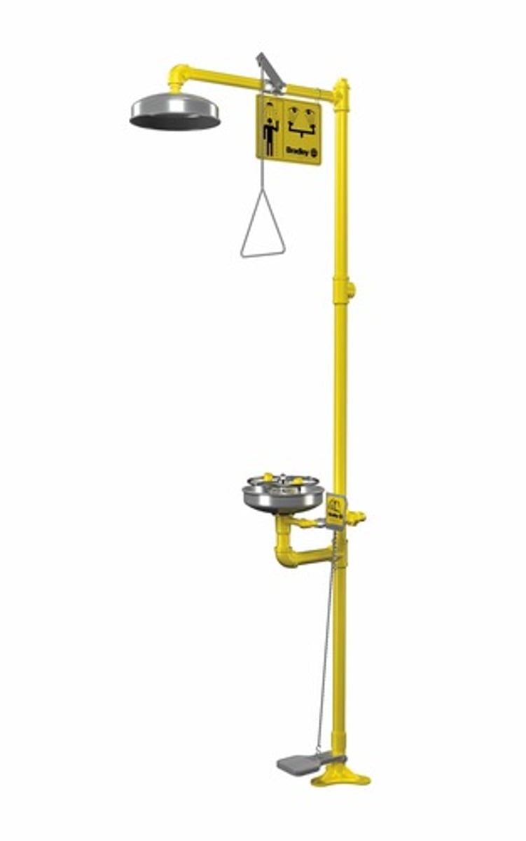 <p>used for washing away chemicals that may have come in contact with clothes/skin</p>