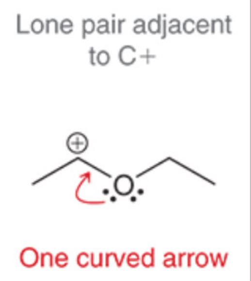 <p>One curved arrow showing the donation of the lone pair electrons to the adjacent electron-deficient carbocation (C+), forming a new $$\pi$$ bond and stabilizing the carbocation.</p>