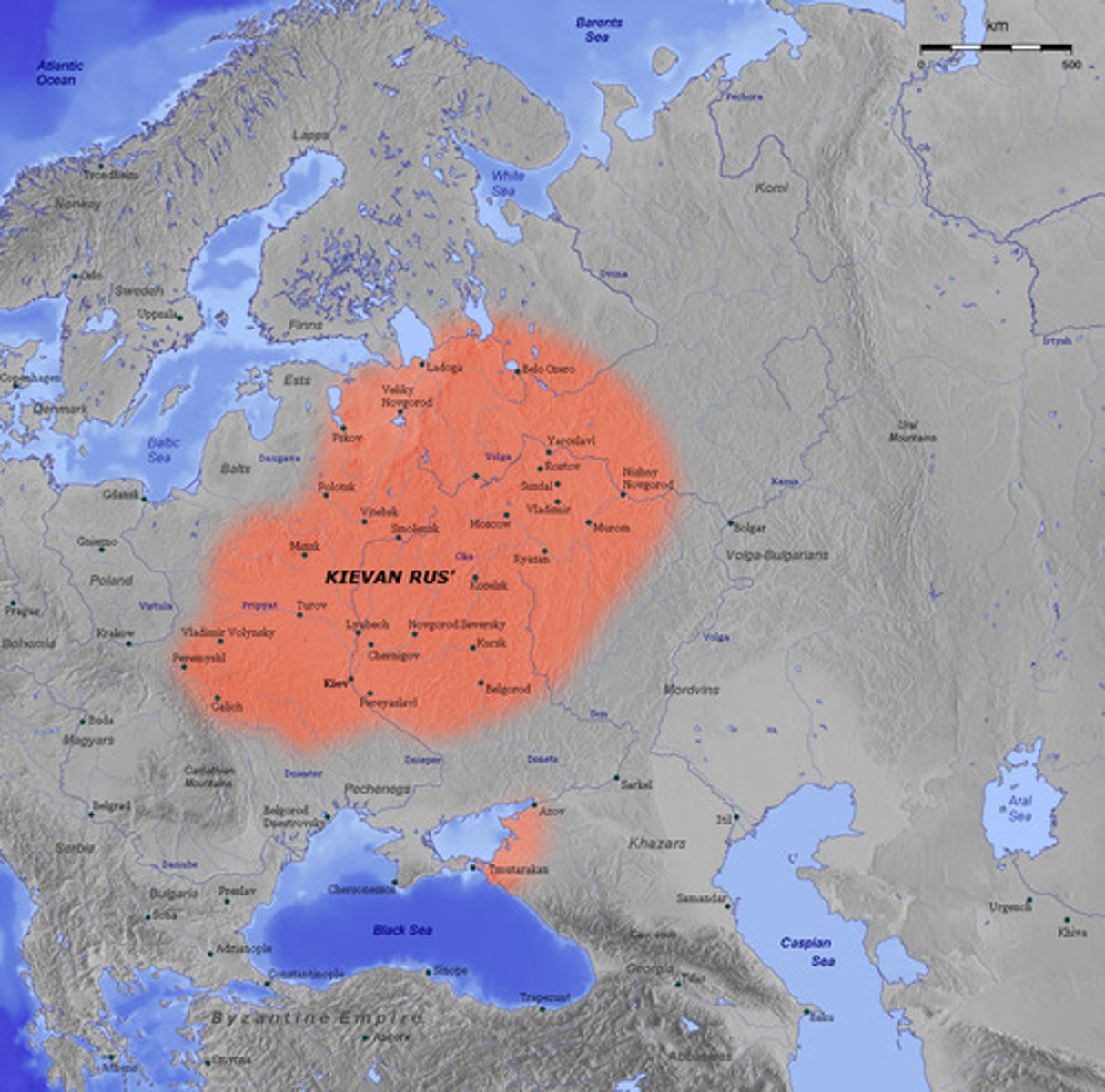 <p>An empire in Russia that developed the first large civilization in Russia and spread Christianity eastward. Major city: Kiev</p>