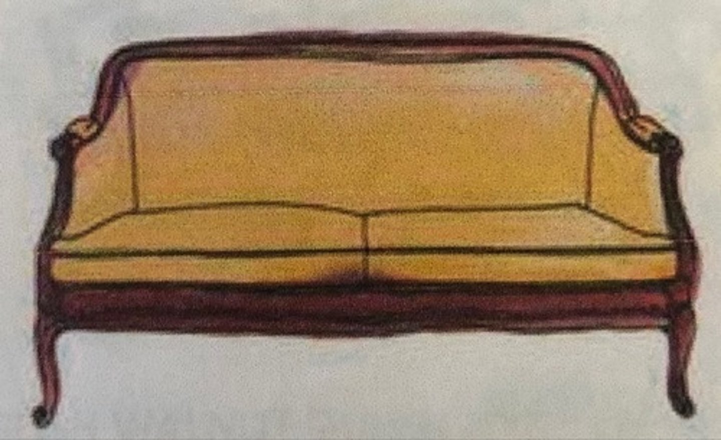 <p>the back of this Louis XV-style sofa curves into the arms in a downswept continuous line; it usually has wood trim and carved wood legs that may be curved</p>