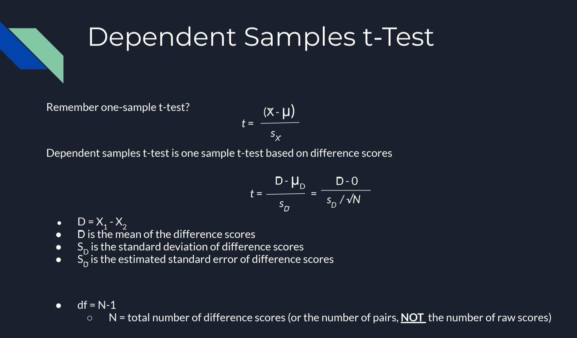 <p>Used to study phenomena that are expressed as differences among behavioral measures at different times (learning, forgetting, attitude change, etc.)</p><p></p><ul><li><p>A single sample of individuals is measured multiple times on the same dependent variable</p></li></ul><p>- Often used to track changes in a dependent variable over time</p><p>o Repeated procedures with the same individual (Exam 1 vs. Exam 2) OR (Pre-test vs. Post-test)</p><p></p><p>FORMULA:</p><p>t = D - μ_D / s_D̄</p><p>basically in simple sense its → t = D / s_D/√N</p><p></p><p>D → X_1 - X_2 ; → D= ∑D/n ; D is the mean of the difference scores</p><p>s_D → s_D = √SS / n-1 ; is the standard devation of difference scores</p><p>s_D̄ → s_D̄ = s_D/√n ; is the estimated standard error of difference scores</p><p></p><p>NOTE: d<em>f</em> = N-1</p><ul><li><p>N in the FORMULA = total number of difference scores (or the number of pairs, not the number of raw scores)</p></li></ul><p></p>