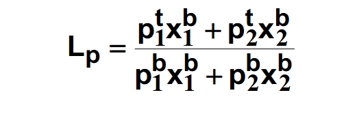 <p>Current price of commodity 1 x base quantity of commodity 1 + current price of commodity 2 x base quantity of commodity 2</p><p>over</p><p><span>Base price of commodity 1 x base quantity of commodity 1 </span>+ <span>Base price of commodity 2 x base quantity of commodity 2</span></p>