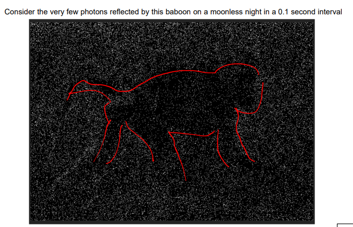 <p>dim lights are noisy; the random nature of arrival of individual photons becomes significant in seeing under dim conditions</p><ul><li><p>since under bright conditions (100-1000 photons/s), we can ignore random photons and treat light as continuous</p></li><li><p>photons will arrive 1 by 1, creating a relatively long-lasting image, allowing us to see better at night</p><ul><li><p>probability of any 2 photons being in eye at same time is very small (0.001%)</p></li></ul></li></ul><p>rods are more sensitive to single photons than cones</p><ul><li><p>photoisomerization of a dim star: one sample, 28 photons caught (not the same every time but around this number) 0.1s shutter time</p></li></ul><p></p>