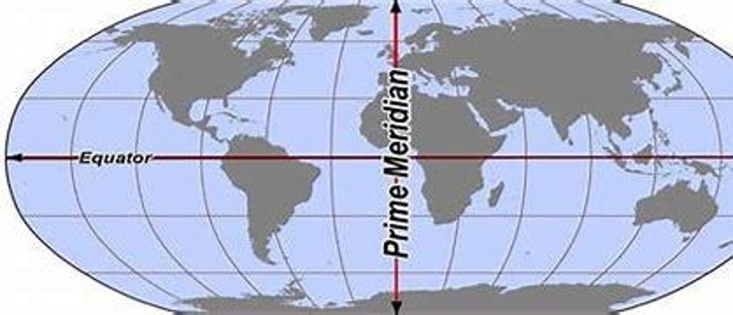 <p>an arbitrary meridian (line of longitude) in a geographic coordinate system which is defined to be 0°C, it divides the Eastern &amp; Western hemispheres</p>