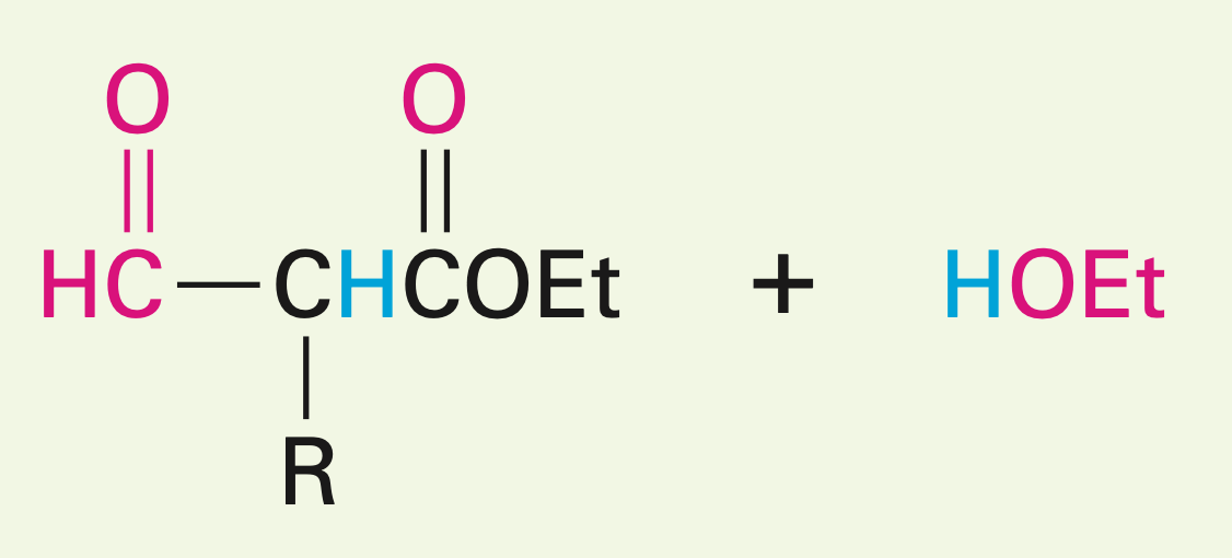 <p>Mixed Claisen condensation reaction: Can be carried out if one of the esters has no alpha hydrogens. It can also be carried out with a ketone, but the ester can’t have any alpha hydrogens (creates a B-diketone). NO OH is made, and one of the esters is the leaving group.</p>