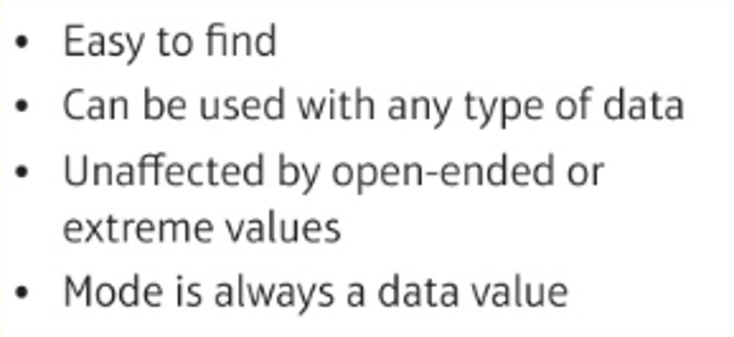 <p>East to calculate<br>Is not skewed by extreme scores<br>Useful to determine what occurred the "most" (e.g., the # of children in the home)/<br>Can use with counts of nominal data (e.g., most common major at ECU)</p>