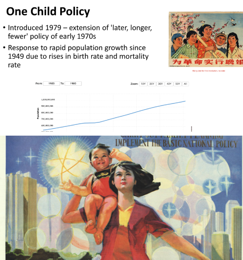 <p><em>China stands out as non-natalist communist <span data-name="alien_monster" data-type="emoji">👾</span> promot. ‘<span data-name="family" data-type="emoji">👪</span> planning’ ← 1970s on.</em></p><h5 collapsed="true" seolevelmigrated="true">Why?</h5><ul><li><p>Response to rapid pop. growth since 1949 due to rises in birth &amp; decreases mortality rate. China victim its own succ.</p></li><li><p>Govt worry ab. pressures will put on hous., resources…</p></li><li><p>‘later, longer, fewer’ <s>effective</s> ∵ standard living improving → choosing to have more children</p></li></ul><h5 collapsed="false" seolevelmigrated="true">How was this promoted/regulated?</h5><p>promoted w/<mark data-color="blue">propaganda</mark></p><ul><li><p>magical looking city</p></li><li><p>scientific symbols in background repres. progress &amp; modernity</p></li><li><p>assoc. small family w/modern family &amp; nat. prog.</p></li></ul><p>Workers must rec. <span data-name="factory" data-type="emoji">🏭</span>’s <strong>permission</strong> to <span data-name="pregnant_woman" data-type="emoji">🤰</span>.</p><ul><li><p><span data-name="family" data-type="emoji">👪</span><u> planning officer</u> lets them know when can have <span data-name="child" data-type="emoji">🧒</span> (ask &amp; be given permission… given <strong><mark data-color="blue">birth permission card</mark></strong> for when <mark data-color="blue">register <span data-name="baby" data-type="emoji">👶</span> @ <span data-name="cop" data-type="emoji">👮</span> station</mark> &amp; for antenatal visits - if lose if they <s>get anoth.</s>)</p></li><li><p>on alert for anyone <span data-name="pregnant_woman" data-type="emoji">🤰</span>/ feeling broody (asking if on period…)</p></li></ul><p>(1980s) <mark data-color="blue">forced </mark><strong><mark data-color="blue">abortions</mark></strong> (e.g. @ 7 month)s &amp; <strong><mark data-color="blue">sterilisations</mark></strong></p><ul><li><p><span data-name="family" data-type="emoji">👪</span> planning officer ‘persuaded’ <span data-name="woman" data-type="emoji">👩</span> to have abortions</p></li><li><p>followed <span data-name="woman" data-type="emoji">👩</span> when ran away</p></li><li><p>all leaders commune came to persuade <span data-name="woman" data-type="emoji">👩</span></p></li><li><p><span data-name="muscle" data-type="emoji">💪</span> coersion</p></li></ul><h5 collapsed="true" seolevelmigrated="true">What qualified you to have children?</h5><ul><li><p>must be over 24 yrs old</p></li><li><p>must rec. training family planning</p></li><li><p>must pass written test</p><ul><li><p>must have policial/ intellectual capacity (eugenic element)</p></li></ul></li></ul><h5 collapsed="true" seolevelmigrated="true">Urban-rural divide</h5><p>Urban couples complied with its two-child, then one-child, policy. Rural couples often did not. Selective abortion became widespread and families under-reported female births. By the 1990s, 83 per cent of couples used contraception (mainly the intrauterine device and female sterilization).</p>