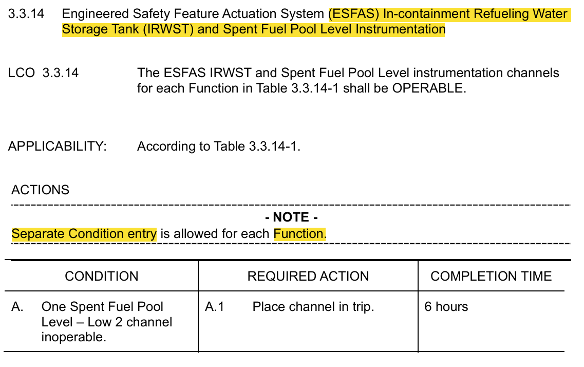 <p>3.3.14 ESFAS IRWST and Spent Fuel Pool Level Instrumentation</p>