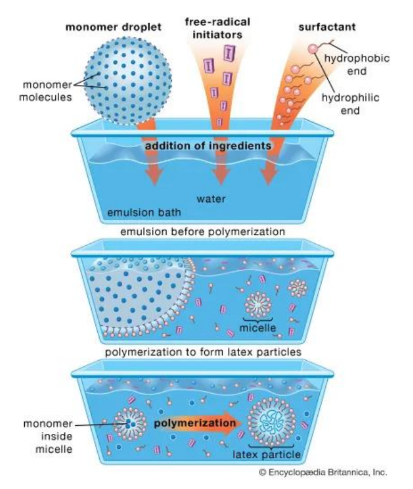 <p>Water is used as a medium for monomer droplets and initiator in suspension polymerization. Surfactants stabilize the droplets and form micelles. The monomer diffuses into micelles and reacts with a water-soluble initiator, forming solid polymer particles suspended in water, known as latex, used in paints and adhesives. </p>