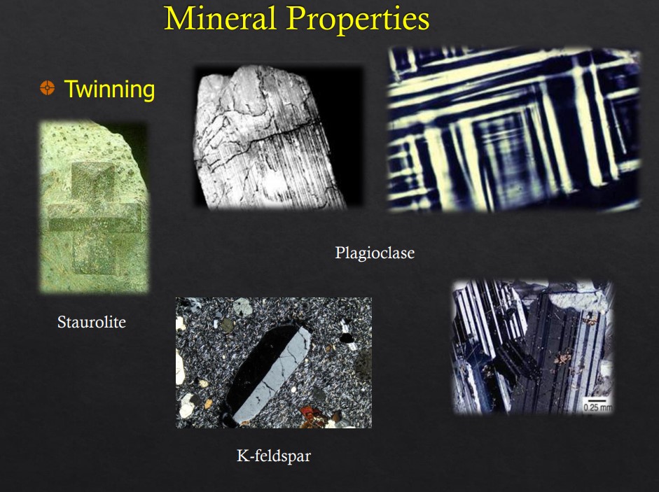 • If a crystal is subjected to stress during growth
or temperature/pressure conditions different from those
under which it originally formed, two or more intergrown
crystals are formed in a symmetrical fashion.
These symmetrical intergrowths of crystals are called
twinned crystals.
