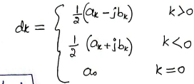 <p>for k&gt;0,  d_k = 1/2(a_k-jb_k)</p><p>for k&lt;0,  d_k = 1/2(a_k+b_k)</p><p>for k=0 d_k = a_0</p>