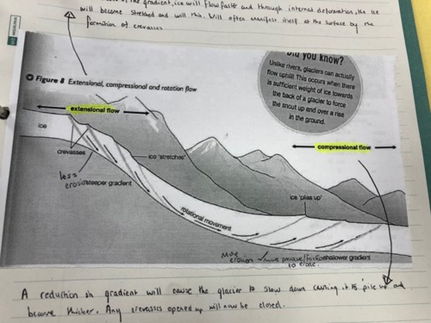 <p>When ice moves quickly there's more tension, this causes the ice to fracture into thick layers which then slip downwards. This creates crevasses. Occurs at the head of the glacier</p>