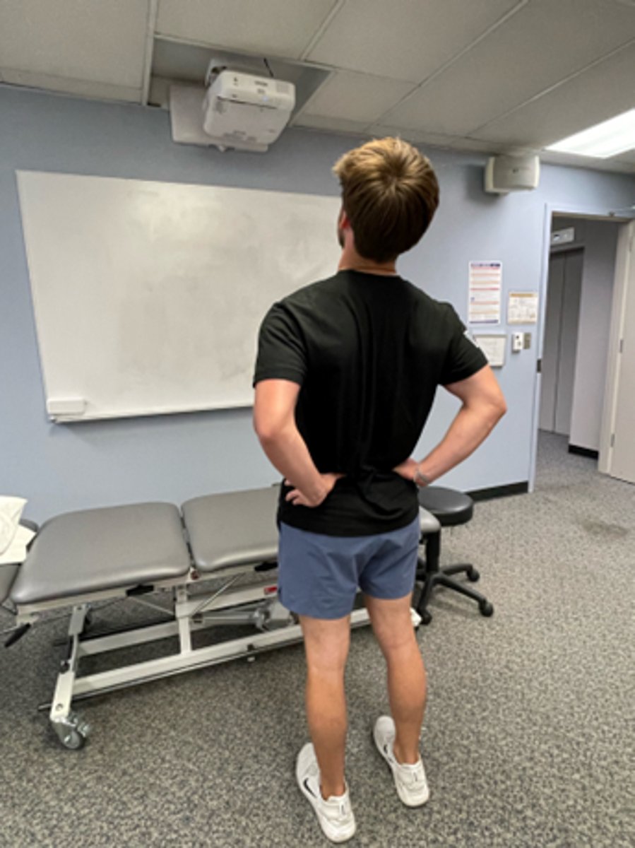 <p>extension bias</p><p>this is used as soon as possible, as it is easier for most patients to do during the day</p><p>wide BOS, look straight ahead, do NOT push hips forward</p><p>main preventative movement, to interrupt / reverse prolonged flexion activities before the pain reappears</p>