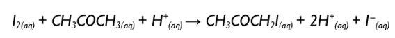 <ul><li><p>the reaction between propanone and iodine in aqueous solution can be catalysed by an acid</p></li><li><p>the influence of iodine on the reaction rate can be studied if the concentrations of propanone and hydrogen ions effectively remain constant during the reaction </p></li><li><p>this is achieved by using a large excess of both propanone and sulfuric acid in the starting reaction mixture </p></li></ul><p></p>
