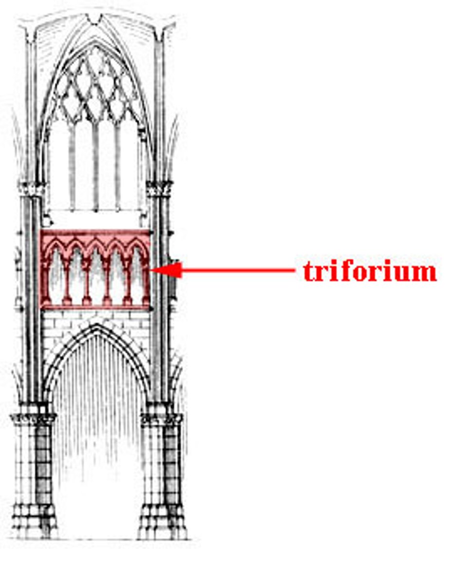 <p>A narrow passageway with arches opening onto a nave, usually directly below a clerestory</p>