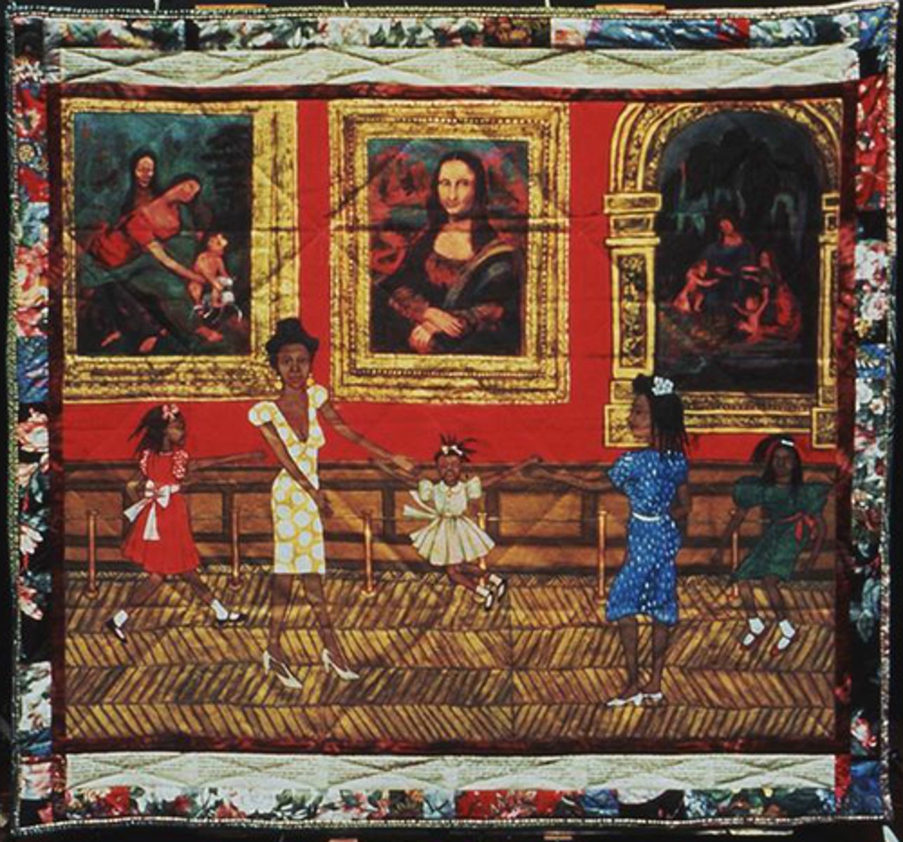 <p>The French Collection Series Part I: #1</p><p>Faith Ringgold</p><p>1991 CE</p><p>Form: Acrylic on canvas, tie-dyed, pieced fabric border</p><p>Function: Part of a 12-part series of works that tells a story of a young African American girl traveling around Paris</p><p>In this piece, Willia and her friends are dancing inside the museum in front of Leonardo da Vinci's Mona Lisa. The moment is poignant, because most people are solemn and quiet in museums. Here, Wilya is celebrating being surrounded by the art and in a way becoming an artwork herself. The center panel of the work is acrylic on canvas. Ringgold sewed the border of the canvas in the same way one would sew a quilt. She also sewed quilting lines across the canvas to give the entire piece a textile appearance. "Dancing at the Louvre" is part of a 12-part series of works telling a story of a young African American girl, Willia Marie Simone, as she travels to Paris and meets well known artists</p>