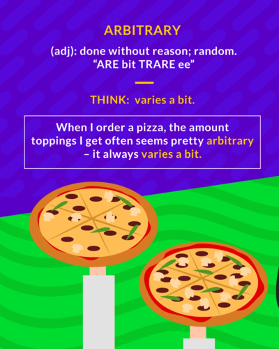 <p>(adj.) based on random choice or personal whim, rather than any reason or system</p><p>(adj.) done without reason</p><p>(adj.) random</p>