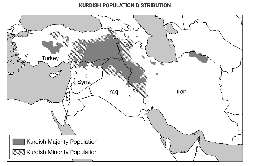 <p><span>Based on the map, which of the following best explains the implications of physical geography as the Kurds continue to struggle for an independent state in their ethnic homeland?</span></p><p><span>A. Israel, Turkey, and Russia have voiced their support for an independent Kurdistan in areas with a majority Kurdish population, showing potential validation for Kurdistan.</span></p><p><span>B. In September 2017 a public referendum was carried out that demonstrated that a majority of Kurds overwhelmingly support independence.</span></p><p><span>C. Most areas with a Kurdish majority population are landlocked and therefore dependent on good relationships with their neighbors in order to access trade and prosper economically.</span></p><p><span>D. Even in areas with a Kurdish minority population, Kurdish people have their own unique culture and identity separately from the states in which their nation is located.</span></p><p><span>E. Unstable oil prices have created economic problems both in parts of the region with a Kurdish majority population and in parts with a Kurdish minority, leaving the Kurdistan Regional Government weakened and struggling to pay off debt.</span></p>