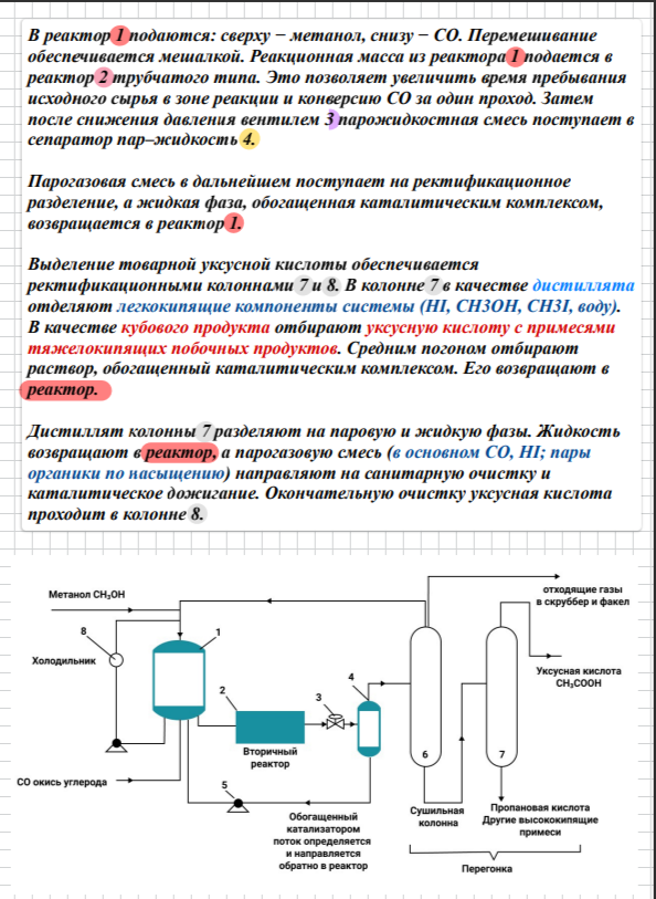 <p>В реактор 1 подаются сверху метанол, снизу СО. Перемешивание обеспечивается мешалкой. Реакционная масса из реактора 1 подается в реактор 2 трубчатого типа. Это позволяет увеличить время пребывания исходного сырья в зоне реакции и конверсию СО за один проход. Затем после снижения давления вентилем 3 парожидкостная смесь поступает в сепаратор пар- жидкость 4. Парогазовая смесь в дальнейшем поступает на ректификационное разделение, а жидкая фаза, обогащенная каталитическим комплексом, возвращается в реактор 1. Выделение товарной уксусной кислоты обеспечивается ректификационными колоннами 7 и 8. В колонне 7 в качестве дистиллята отделяют легкокипящие компоненты системы (HI, СН3ОН, СН3I, воду). В качестве кубового продукта отбирают уксусную кислоту с примесями тяжелокипящих побочных продуктов. Средним погоном отбирают раствор, обогащенный каталитическим комплексом. Его возвращают в реактор. Дистиллят колонны 7 разделяют на паровую и жидкую фазы. Жидкость возвращают в реактор 7, а парогазовую смесь (в основном СО, HI; пары органики по насыщению) направляют на санитарную очистку и каталитическое дожигание. Окончательную очистку уксусная кислота проходит в колонне 8. Основным преимуществом иридиевого процесса по сравнению с родиевым является снижение капитальных и эксплуатационных затрат. Это достигается за счет внедрения новой каталитической системы. Она может работать при низких концентрациях воды, что позволяет исключить из технологии ректификационную колонну осушки и рецикл по воде. Применение более низкого давления дает возможность снизить капитальные затраты.</p>