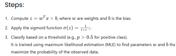 <p>Logistic regression is a linear model that predicts probabilities for binary or multi-class classification problems. Instead of fitting a straight line, it uses the logistic (sigmoid) function to map the output of a linear equation to a probability range between 0 and 1.</p><p></p>