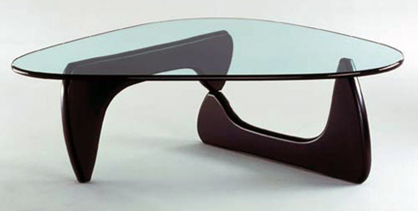 <p>All the edges are curved<br>Wood base is same piece used twice, copied and flipped<br>Rod is connection between the two wood parts<br>Glass top allows viewer to see the base from every angle while standing or sitting<br>Herman Miller wanted a similar version for their offices and homes</p>