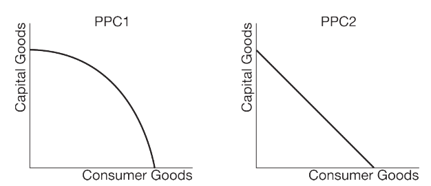 <p>What type of opportunity costs do PPC1 and PPC2 illustrate?</p>