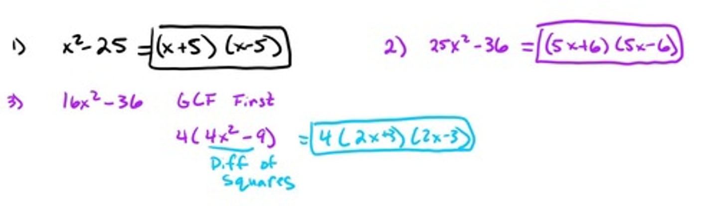 <p>a² - b² = (a - b) (a + b)If we have a binomial (two terms) and they are being subtracted AND they are both perfect squares we can use this formula to factor them quickly.</p>
