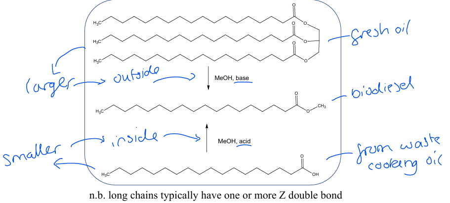 <p>Converting waste cooking oil into biodiesel.</p><p>During use (heating), triglycerides in cooking oil break down into fatty acids.</p><p>These are smaller so can fit into the pore to react with the acidic internal sites.</p><p>The larger (unchanged) triglycerides react with the external basic sites.</p><p>This allows both components of used cooking oil to be converted into biodiesel.</p>