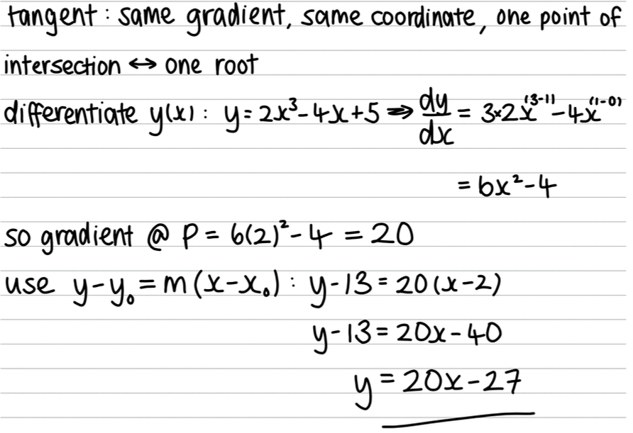 <ul><li><p>the tangent has the same gradient and the same point of intersection as the curve</p></li><li><p>Differentiate the equation and sub in x=2 for the x value, find the gradient</p></li><li><p>Sub gradient and point into equation of a line and solve for y=mx+c</p></li><li><p>Answer = y=20x-27</p></li></ul>