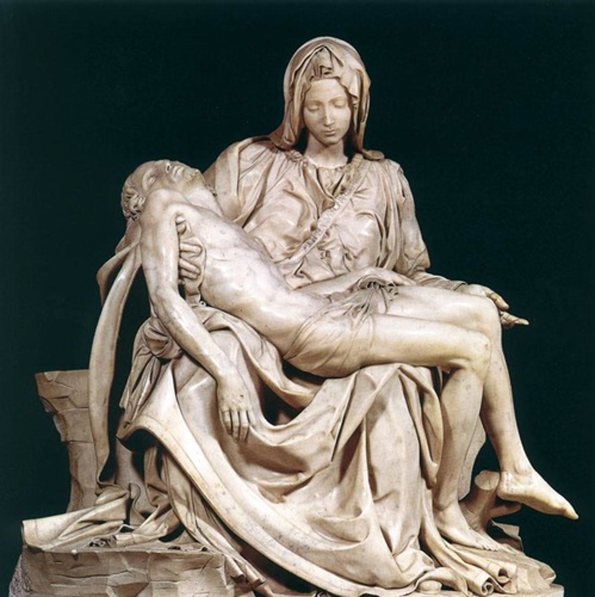 <p>Michelangelo, Pieta, 1499</p><p>Shoots to fame from this piece because nothing like this had been done before</p><p>The virgin mary is holding dead christ</p><p>Perfected and idealized antiquity</p><p>Anatomical precision and drapery</p><p>Puts his signature front and center</p><p>It's realistic but its idealized realism</p><p>The virgin mary is huge in order to hold the weight of christ</p><p>Christ is more perfect than he should be</p><p>Mary's face is younger than it should be</p>