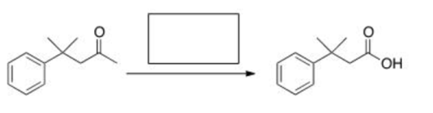 <p>What is the missing reagent in the reaction below?</p><p>A. Br2/AcOH</p><p>B. I2/KOH</p><p>C. I2</p><p>D. KOH</p>