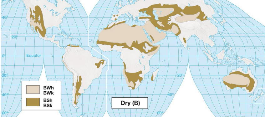 <p><strong>desert </strong>climate characteristics: <strong>B</strong></p>
