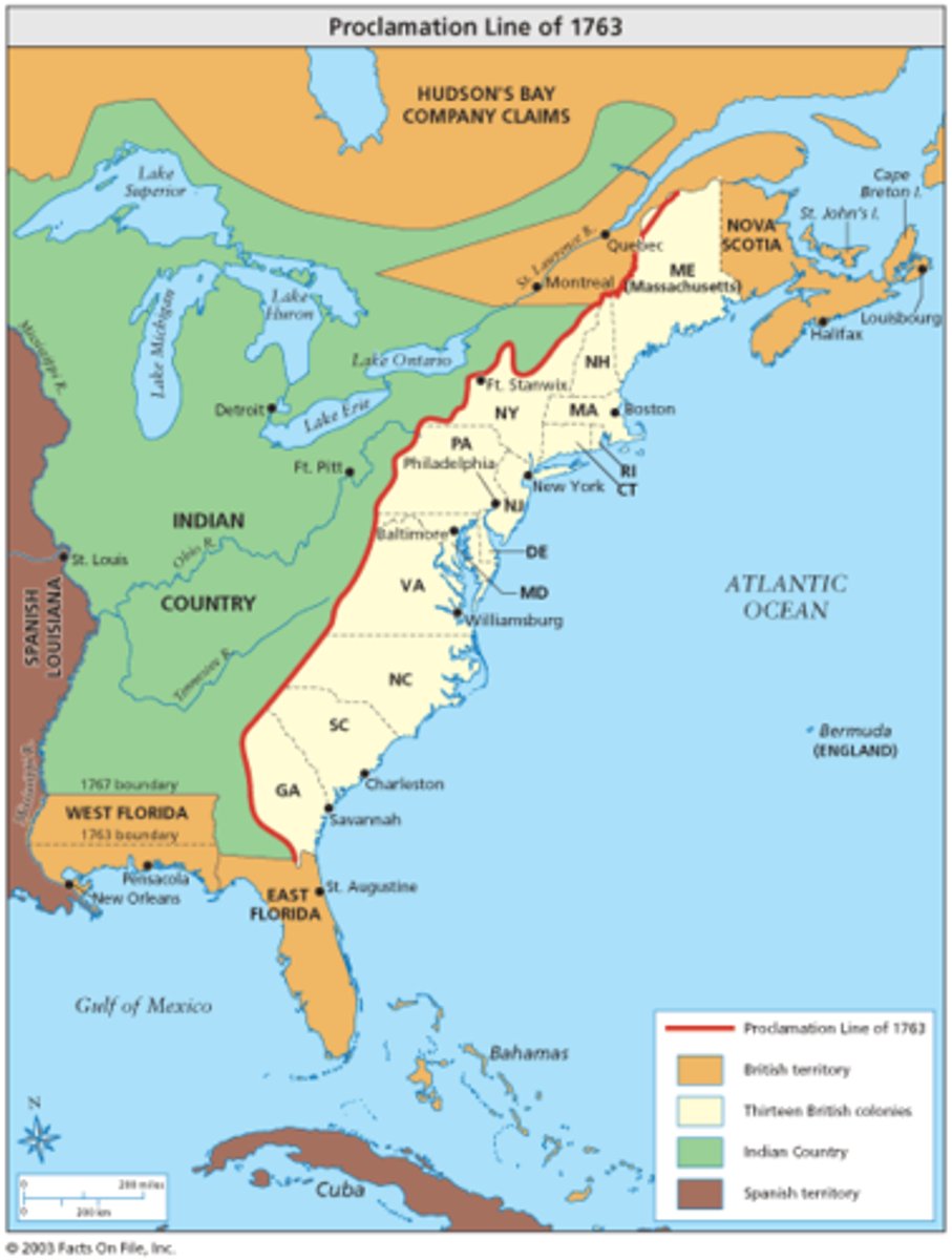 <p>A proclamation from the British government which forbade British colonists from settling west of the Appalachian Mountains and set aside land for Native Americans; angered British colonists who resented interference in colonial affairs</p>