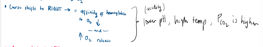 <ul><li><p>Affinity of hemoglobin to Oxygen <span data-name="arrow_down" data-type="emoji">⬇</span> </p></li><li><p><span data-name="arrow_up" data-type="emoji">⬆</span> Oxygen release </p></li></ul><p>= low pH (acidic), high temp, high partial pressure CO2</p>