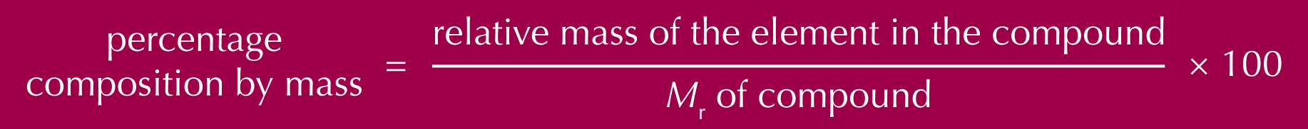 <p>Percentage mass = Ar of an element <strong>÷</strong> Total Mr of a compound <strong>×</strong> 100%</p>