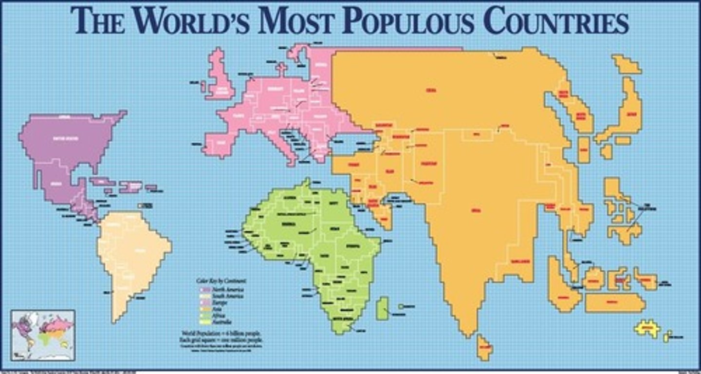 <p>A map in which the shape or size is distorted in order to demonstrate a variable such as travel, population or economic production</p>