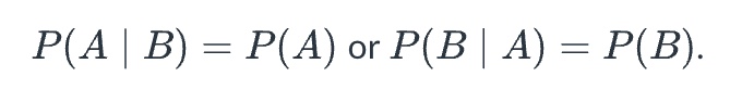 <ul><li><p>if the probability of A does not change given B, and vice versa. Events that are not ____ are dependent.</p></li><li><p>if and only if P(A <span>∩ B) = P(A) P(B)</span></p></li></ul><p></p>