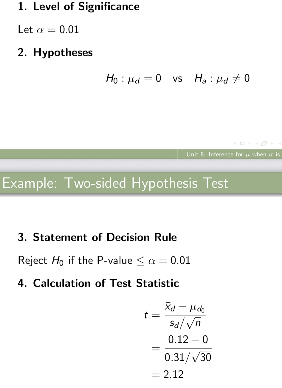 <p>5. Calculation of P-value</p><ul><li><p>The P-value is 2P(T (29) ≥ 2.12). We see from Table 2 that</p><ul><li><p>P(T (29) ≥ 2.045) = 0.025 and P(T (29) ≥ 2.150) = 0.02</p></li></ul></li></ul><p></p><ul><li><p>Since 2.045 < t = 2.12 < 2.150, we know P(T (29) ≥ 2.12) is between 0.02 and 0.025.</p></li><li><p>Since the P-value is 2P(T (29) ≥ 2.12), it follows that the P-value is between 2(0.02) = 0.04 and 2(0.025) = 0.05.</p></li></ul><p><strong>P-value interpretation</strong></p><p><strong>Conclusion</strong></p><p><strong>Note</strong></p><p><strong>Also note</strong></p>