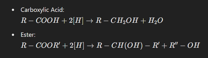 <p>Acid Derivative + Reducing Agent → Alcohol</p>