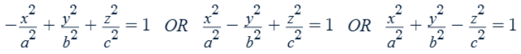 <ul><li><p>The variable with a negative coefficient is the axis of symmetry.</p></li><li><p>Traces along the axis of symmetry are ellipses. Traces along the other two axes are hyperbolas.</p></li></ul><p></p>