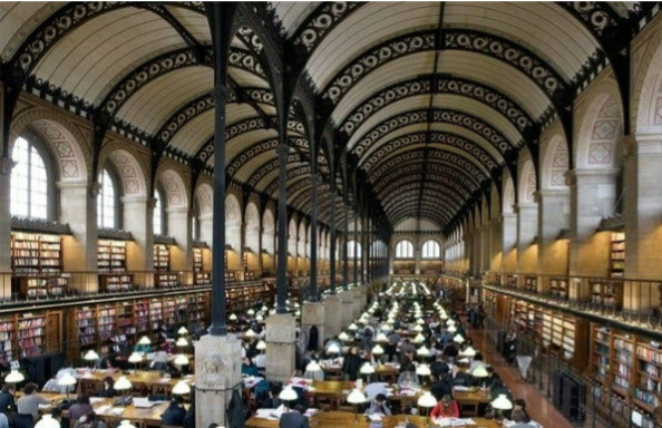 <p><span>1840’s library</span></p><p><span>Solid stone box, arcade top </span></p><p><span>reading rooms </span></p><p><span>stone pillars transitioning to iron</span></p><p><span>doric pillars, shallow iron arches</span></p><p><span>showstopper atop of stairs, main library</span></p>