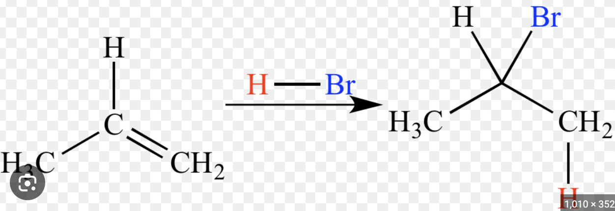 <p>When a protic acid (HX) is added to an asymmetric alkene, the acidic hydrogen attaches to the carbon w/ most hydrogen substitutes and halide group attaches to the carbon w/ most alkyl substitutes </p>
