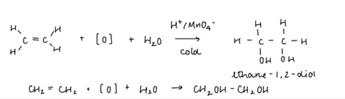 <p>An alkene reacts with water and an oxidising agent</p><p>Cold, dilute, acidified manganate (vii) used as a catalyst</p><p>Double C=C bond is oxidised to form a diol (two OH groups)</p><p>O of OH provided by MnO4- and water</p><p>H of OH provided by water</p>