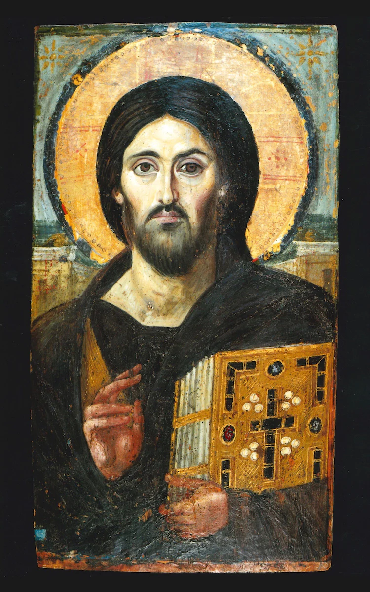 Christ Pantocrator, \n early 7th century, Encaustic painting on panel, 33” x 18”, Monastery of Saint Catherine, Sinai