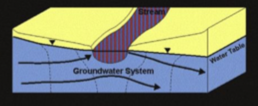 <p>WT adjacent to the stream is higher on one side of the channel where GW enters and lower on the opposite side where GW exits</p><p>equip lines are parallel to stream channel</p>
