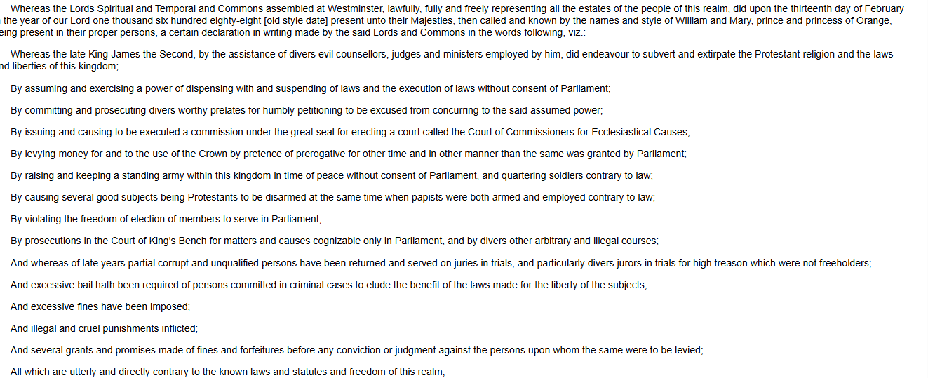 <ul><li><p>Listed all the wrongs the king has done</p></li><li><p><span>Came abt bc of tension over who should rule; an individual or the people</span></p></li><li><p><span>limited the power of the monarchy, elevated the status of Parliament and outlined specific rights of individuals.</span></p></li></ul><p></p>