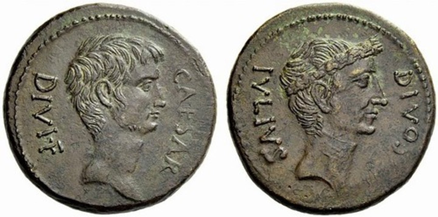 <p>- 1st divi filius coin CAESAR DIVIF, on the reverse is Caesar as a god</p>