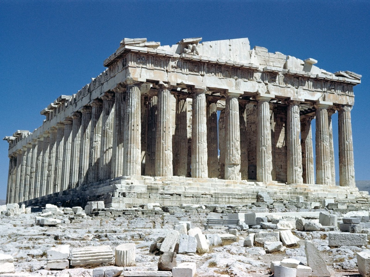 <p>-Diagram of 9:4 ratio -Overall length to overall width -Temple front width to its height -Distance between the columns -Curves in the Parthenon -The end of the stylobate are 12 cm lower than in the center; -The curvature is also in the entablature; -The tops of the columns lean in by 7cm; -The corner columns are slightly thicker</p>